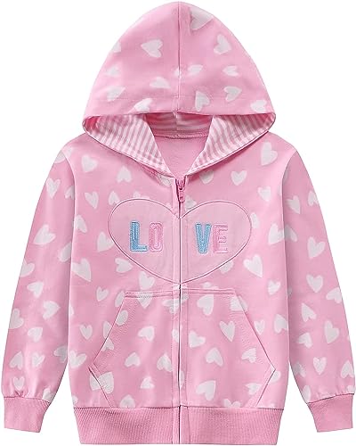 CM-Kid Girls Long Sleeve Heart Print Hoddie Top Pink Sweatershirts Kids Cute Hooded Jumpers Sweat for Age 2-3 Years