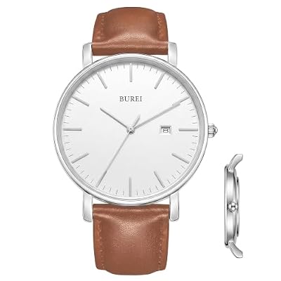 BUREI Ultra Sottile Minimalista Orologio Uomo Calendario Chic Finestra Moderno Semplice Grande Quadrante Cinturino in Pelle, Marrone Argento Bianco, Cinturino, Marrone, argento, bianco, TFV8