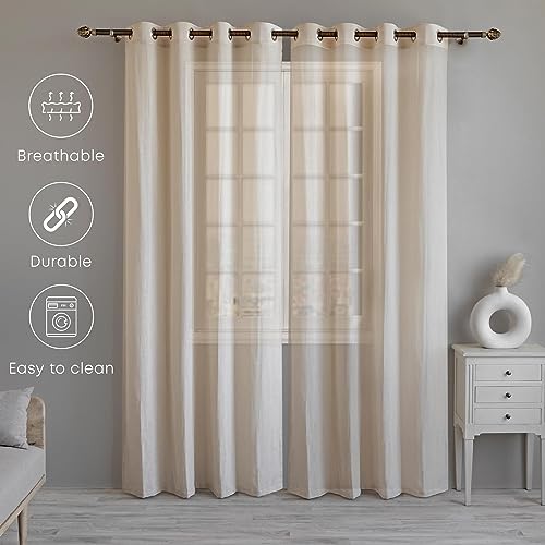 Image of LINENWALAS Cotton Linen Solid Sheer Curtain Set with Grommet Curtains Rings Non Blackout Door Curtain - Set of 2 -Natural Linen - 4.5Ft X7Ft.