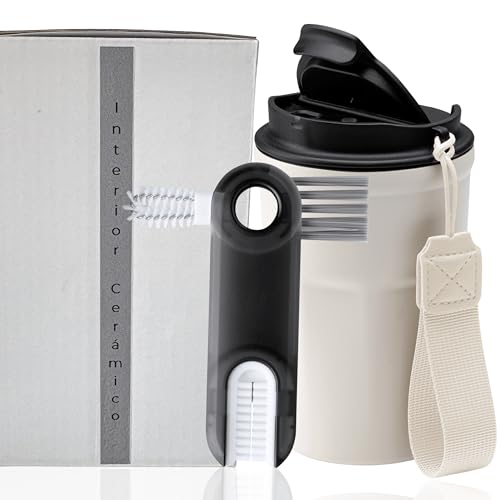 Quodelo Termo Café Pequeño - Vaso Termo Café para Llevar 350 ml - Taza Termo Antiderrames con Interior Cerámico - Vaso Termo con Cepillo, Fácil Limpieza