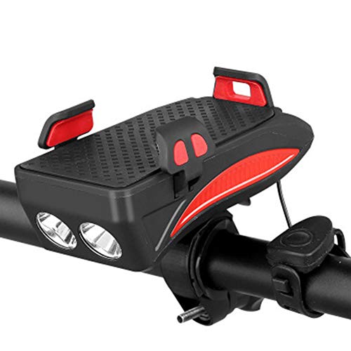 4 en 1 Soporte para Bicicletas Teléfono con Linterna/Cuerno/el Powerbank, Ajustable del sostenedor del Montaje del Manillar de Teléfono de 4 a 6,3 Pulgadas teléfonos Inteligentes (Rojo 4000mAh)