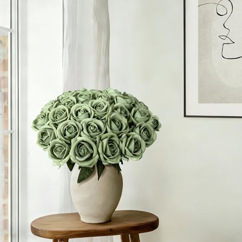 Image of INSPRING 50 PCS Green Roses Artificial Flowers with Long Stems | Real Looking, Fake Roses, Silk Flowers, DIY Bouquet, Wedding Party Celebration Home Bridal Decoration Gift, for Her Wife
