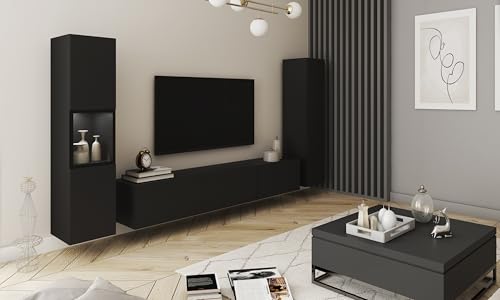 MINIO go for it - Wohnwand BRELA 3, Hängend oder Stehend 3-Teilig Set, Vitrine, Lowboard, Wandboard, Farbe: Schwarz matt - mit LED Beleuchtung
