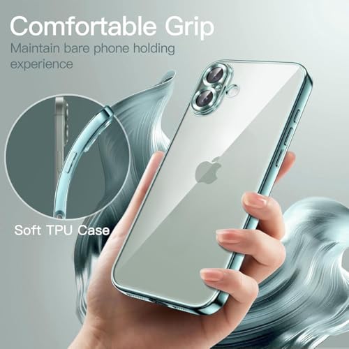 Image of Elzzi Electroplated Transparent Clear Transparent Cover for iPhone 16, TPU Cover Full Body & Individual Camera Protection Bumper Cases for Men & Women (Teal Green)
