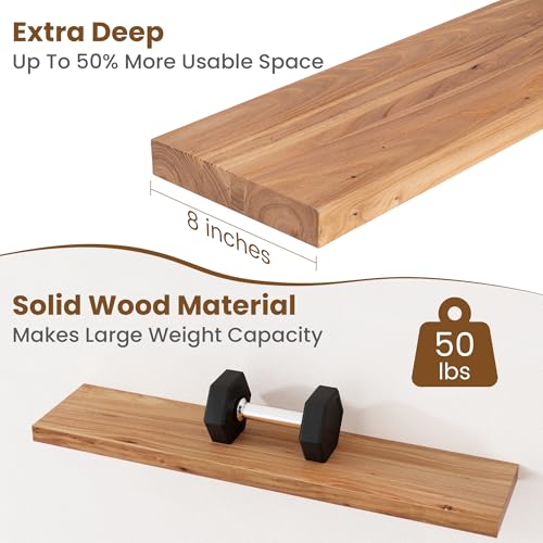 Image of Floating Shelves for Wall Decor, 8 inch Deep Rustic Solid Elm Wood Floating Shelves Wall Mounted, Wall Shelves with Invisible Bracket for Living Room Bathroom Bedroom Kitchen, 36 Inch Set of 2, Natural