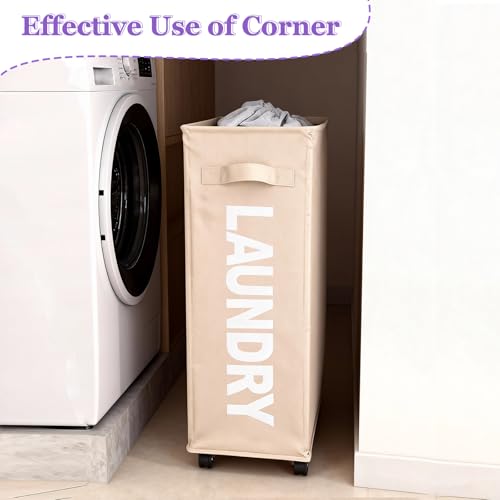 Image of Slim Rolling Laundry Hamper with Wheels, 42L Collapsible Narrow Laundry Basket with Drawstring Mesh Cover, Foldable Dirty Clothes Organizer for Bathroom, Dorm, Small Spaces, Khaki