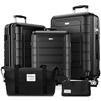 SHOWKOO Kofferset 5 Teilig Hartschale Leicht ABS+PC Erweiterbar Reisekoffer Haltbar Handgepäck Sets 4 Rollen TSA-Schloss mit 1 Reisetasche und 1 Kulturtasche - Schwarz