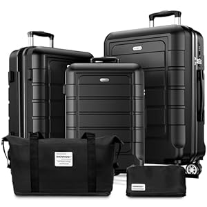 SHOWKOO Kofferset 5 Teilig Hartschale Leicht ABS+PC Erweiterbar Reisekoffer Haltbar Handgepäck Sets 4 Rollen TSA-Schloss mit 1 Reisetasche und 1 Kulturtasche - Schwarz
