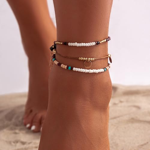 Image of Qceasiy Bead Ankle Bracelets Set For Women, Adjustable Gold Plated Boho Shell Anklet, Hawaiian Beach Seashell Pearl Disc Starfish Conch Foot Jewelry, Summer Fashion Gifts