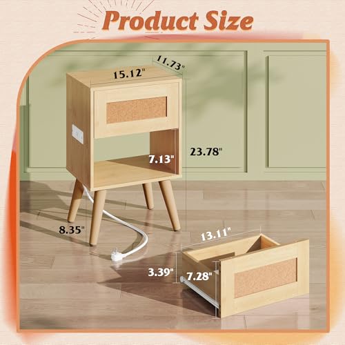 Image of WLIVE Rattan Nightstand with Charging Station, Boho Night Stand, Small Bedroom Side Table, End Table with Drawer and Storage, Wood Bedside Tables for Bedroom, Small Spaces, Natural Oak