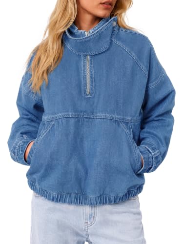 Flowyair Women's Denim Quarter Zip Pullover Jacket Mock Neck Jean Top - image 1