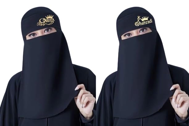 NAZNEEN Written Queen and Shehzadi Black Instant ready to wear Tie at Back Nose Piece Cum Naqab Combo Pack of two-image-29