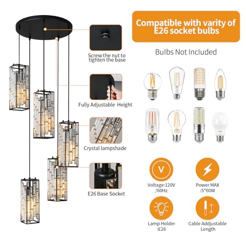 Image of Black Pendant Lighting Modern Pendant Light, Mini Crystal Chandeliers,Adjustable Pendant Light Fixture for Kitchen Island Dinning Room Bedroom (5 Light)