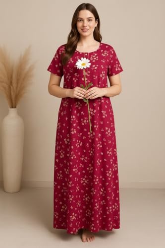 Image of Bahumaan Pure Cotton Nighty for Woman | Floral Gown for Women Night Wear with Pocket | Cotton Nighty for Women Stylish | Maxi for Women Cotton (Dark Pink, M-Bust-42)