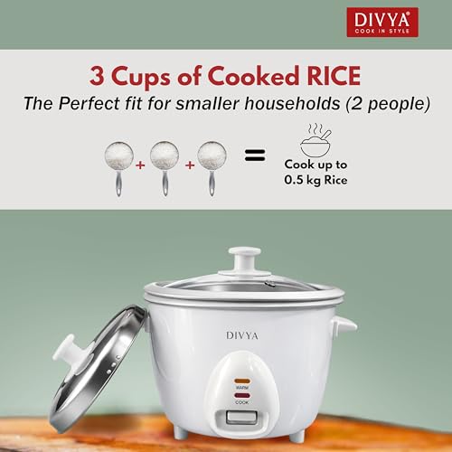 Image of DIVYA 1.0 L Drum Electric Rice Cooker for Home | 400 W | Double Pot Anodised Aluminium | Glass & Stainless Steel Lid | Cook & Keep Warm Function | Compact Rice Cooker | White