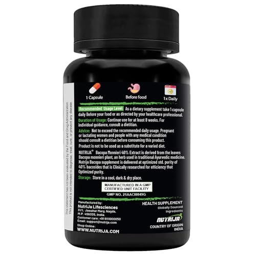 Image of NutriJa Brahmi - Bacopa Monnieri Extract 500mg Capsules with 40% Bacosides | 60 Veg Capsules