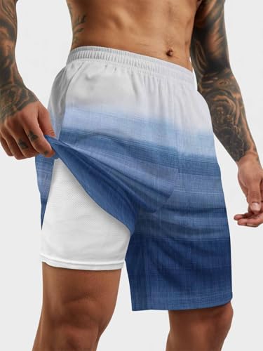 Mens Swim Trunks with Compression Liner,Ocean Navy Blue and White Gradient Men's Inseam Board Shorts Quick Dry Bathing Suit2
