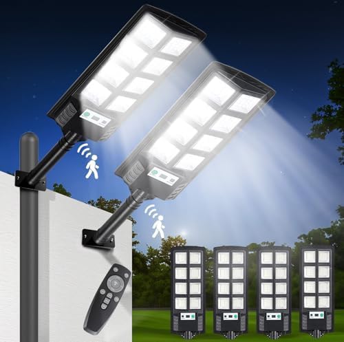 4 Pack Solar Street Lights Outdoor Waterproof Solar Flood Light Remote Control Solar Lights Outside Dusk to Dawn Motion Sensor 10000LM 6500K Commercial Area Lighting for Yard Garage Garden 200W-4Pack