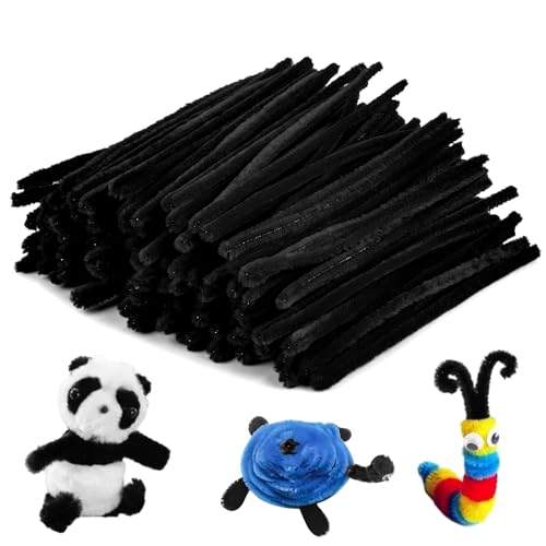 RAINFLOW Pipe Cleaners Craft Supplies - 200 PCS Chenille Stems Fuzzy Craft Wire for Handicrafts Twisting Stick DIY for Craft Bouquets Animals Halloween Christmas Easter Birthday Black