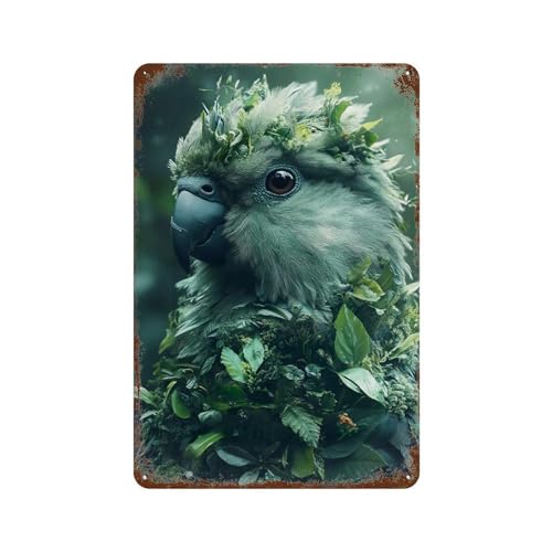 Junmoney Parrot Covered in Plants And Leaves 11.8"x7.9" Enseigne Métal Décorative, Style Maison De Campagne Pour Cave, Pièce Loisirs Et Garage