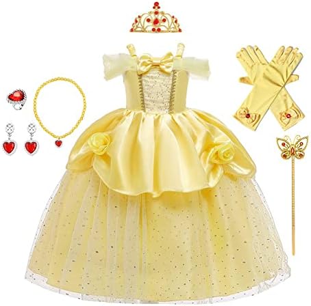 CinheyU Girls Belle Princess Birthday Party Dress w/Accessories Beauty and the Beast Costume Halloween Christmas Outfits Yellow 002 3-4T