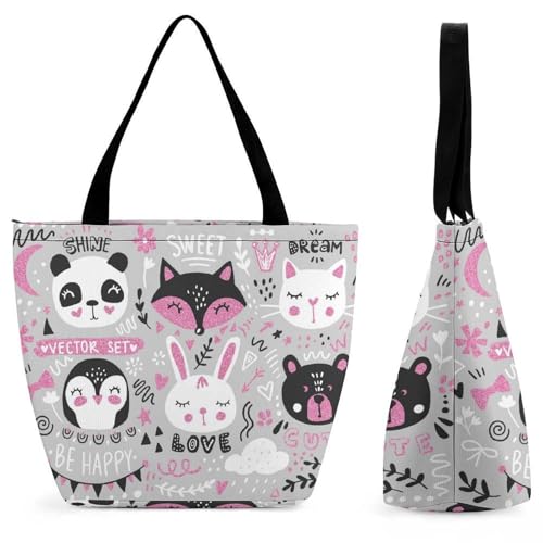 Sac de shopping voyage femme à motif lapin panda renard : grand sac à main épaule