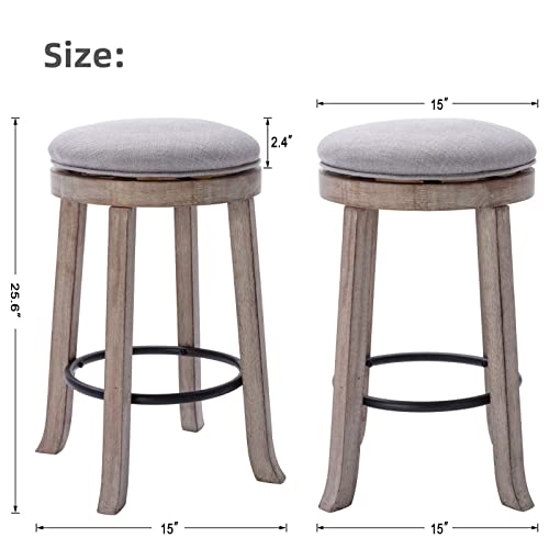 Lukealon Farmhouse Linen Fabric Round Bar Stools Set Of 2, 360° Swivel 25.6” Counter Height Stools With Solid Wood Legs Backless Low Barstools With Footrest For Home Bar Kitchen Island, Grey #TOP2