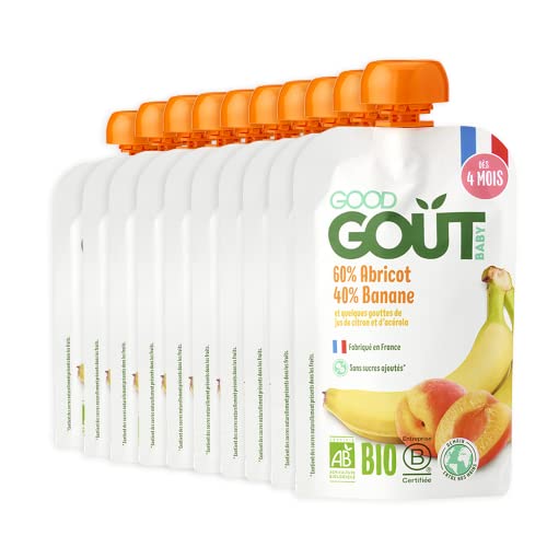 Good Goût - BIO - Fabriqué en France - Purée de Fruits - Compote pour bébés - Pack de 10 gourdes de 120g - Banane Abricot - dès 4 Mois Cover
