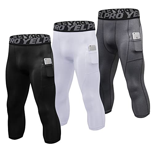 Eargfm 3/4 Athletic Leggings For Men Workout Compression Pants With Pockets Running Tights Cool Dry Base Layer Gym Capri Black/White/Grey X-Large #TOP19