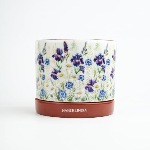 Image of Habere India-All the Cultures Fabricating India Floral Print Terracotta Planter with Under Plate | Indoor Plant Pot with Drainage | Decorative Planter for Home (Floral: L11 x W11 x H10 cm)