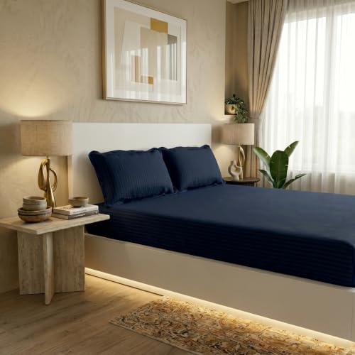 Image of Filymore Double Bed Bedsheet with 2 Pillow Covers, 300 TC Soft Microfiber Satin Striped Bedsheet, Navy Blue Striped Bedcover for Double Bed, Breathable & Comfortable Bedding Set (90x90 Inches)