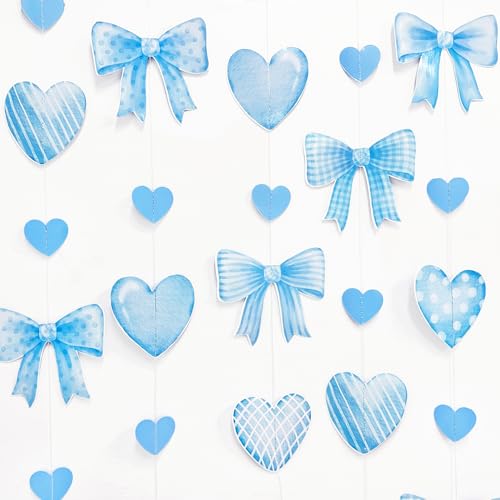 Image of Blue Bow Decorations Blue Plaid Twill Polka Dot Bow Heart Hanging Streamer Garland Banner for Baby Shower Birthday Wedding Bridal Shower Bachelorette Coquette Anniversary Party Decorations Supplies