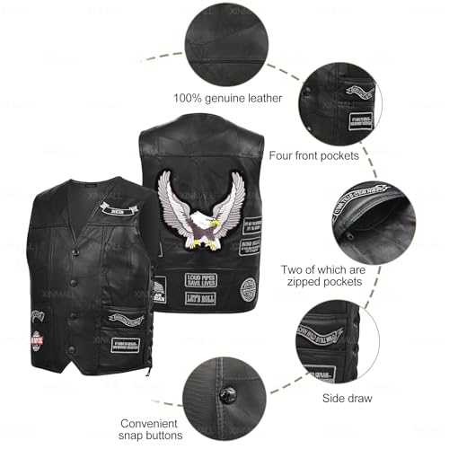 Motorcycle Genuine Leather Biker Vest for Men Club Style Classic Black With Patches3