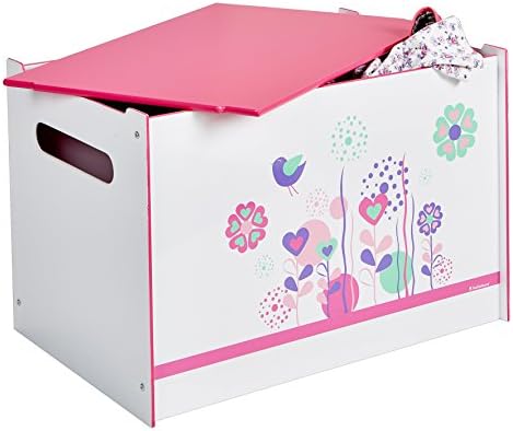 Worlds Apart Flowers and Birds Kids Toy Box - Childrens Bedroom Storage Chest with Bench Lid by HelloHome, White, 39.5x39.5x60.0 cm