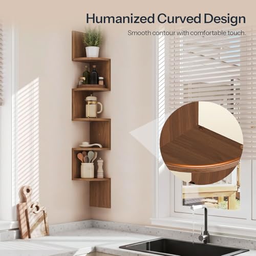 Image of HOOBRO Corner Shelf Wall-Mounted, Set of 2 Floating Corner Shelves for Wall, 5-Tier Corner Bookshelves for Living Room, Bedroom, Bathroom, Home Office, Walnut WL26BJP201