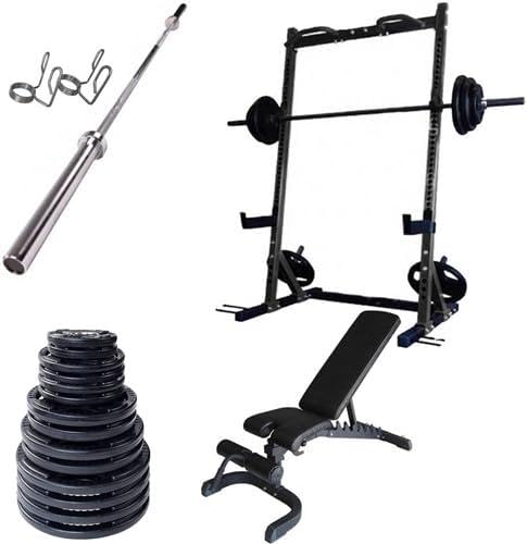 French Fitness Rubber Grip Weight Plate Set w/7 ft Bar (395 lbs) + Rack & Bench - Commercial Grade, Slotted Grips, Olympic Bar, Perfect for Home Gym, Strength Training