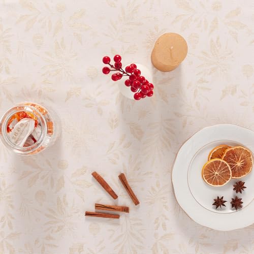 Nappe de Noël pour table de salle à manger carrée blanche et dorée