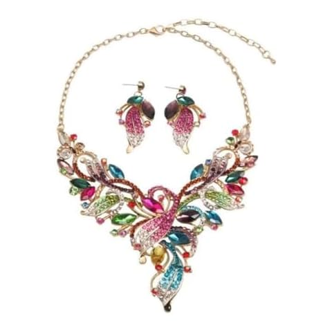 Zthread Rhinestone Rib Statement Necklace Earring Spark Crystal Collar Necklace Earring Set Fashion Costume Jewelry (Red) Cover