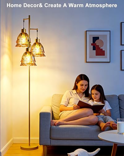 Image of Lightdot 3-Lights Glass Floor Lamp Dimmable Gold Floor Lamps with Brown Glass Shade 3000K Bulbs Included Unique Modern Standing Tall Lamp with 5Lbs Heavy Base for Living Room /Bedroom /Sofa Beside