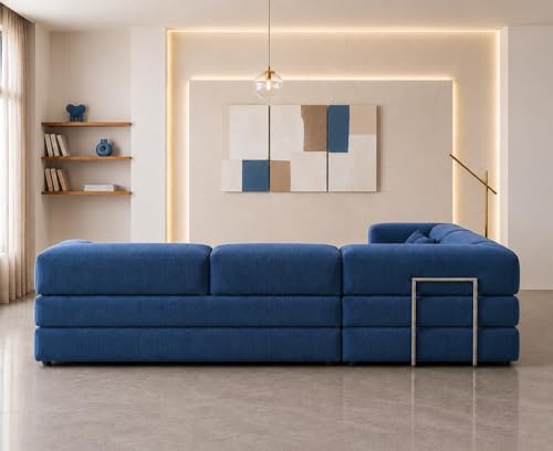 Image of Torque Vegas 5 Seater L Shape Sofa Cum Bed for Sleeping- Blue | Suede Fabric 5 Seater Sectional 3-in-1 Sofa Bed | Corner L Shaped Sofa Set for Living Room Office