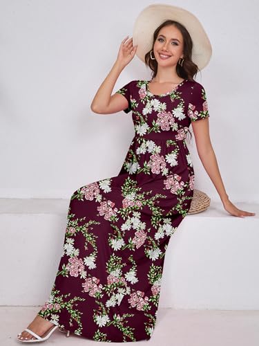 Image of DEARCASE Maxi Dress for Women Short Sleeve Casual Summer Loose Plain Comfy Long Dresses with Pockets