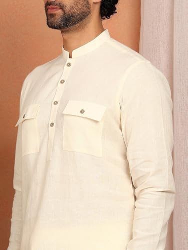 Image of See Designs Men's Full Sleeve Mandarin Collar Linen Solid Pathani Set