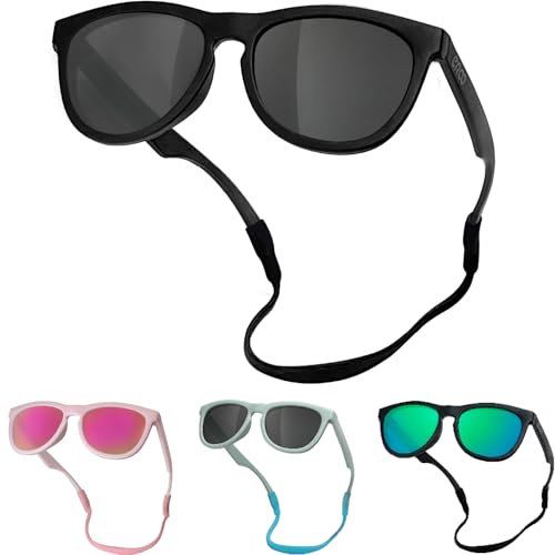 ER00 Polarized Baby Sunglasses with Strap for Infant Girl Boy 12-24 Months Black Frame CPC Certified UV Protection D718