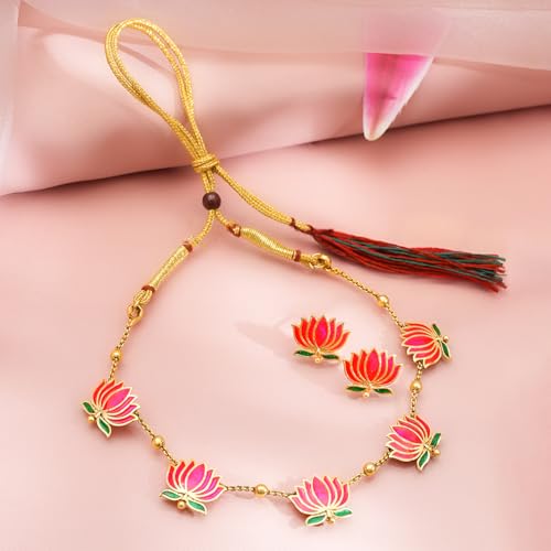Image of Rubans Necklace Set Gold Plated Traditional Stylish Floral Theme Jewellery Gift for Women & Girls