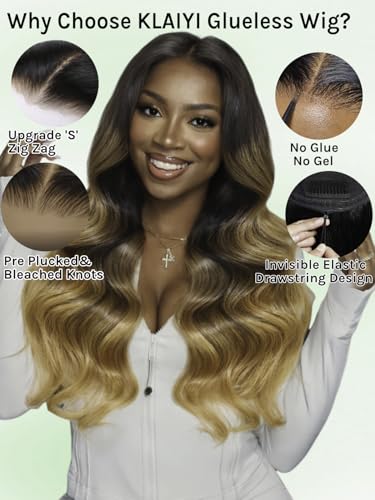 Image of KLAIYI Ombre Highlight Blonde Loose Wave Pre Everything Glueless 13x4 Lace Front Wigs Human Hair Drawstring Balayage Brown Pre Cut Pre Plucked Bleached Ready to Wear and Go Wig with Dark Roots 26Inch