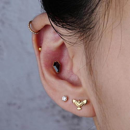 FINE4U Gold Halloween Coffin Jewelry for Women Gold 16 6mm 8mm - Flat Back Earrings Stu for Conch, Helix, Flat, Lobe3