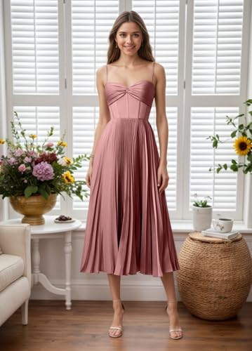 Spaghetti Straps Bridesmaid Dress for Womens Satin Pleated A-Line Midi Prom Dress for Formal Evening Party2