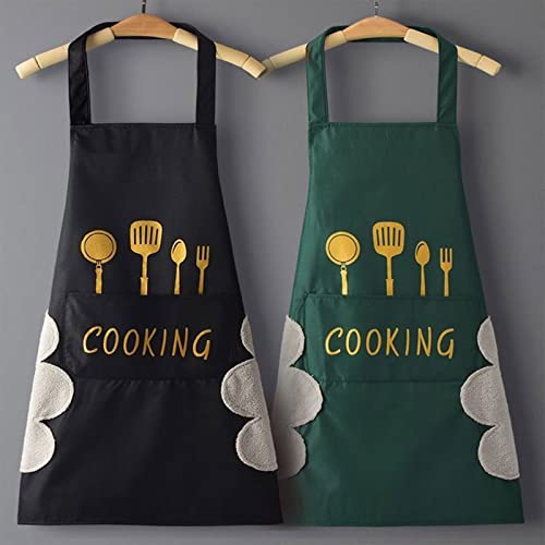 Dillman Women Kitchen Apron With Hand Wipe Pockets，Big Pocket,Hand-Wiping, Waterproof For Cooking Baking (Black) #TOP5