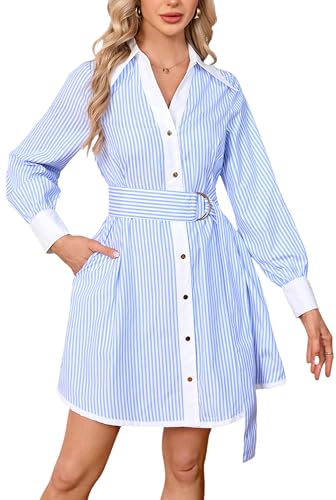 Image of YEXPINE Womens Striped Shirt Dress Long Sleeve Button Down V Neck Mini Tunic Dress Belted Workwear Dresses with Pockets