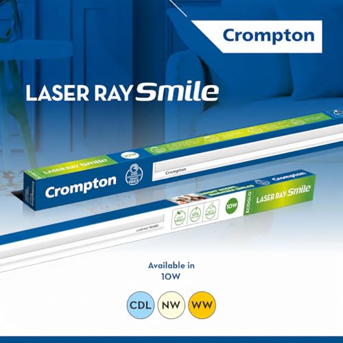 Image of Crompton Laser Ray Smile 10W LED Batten Light | 2 Feet Slim Tubelight for Living Room, Bedroom & Home | Energy Efficient Integrated LED Batten | Warm White (Pack of 1)